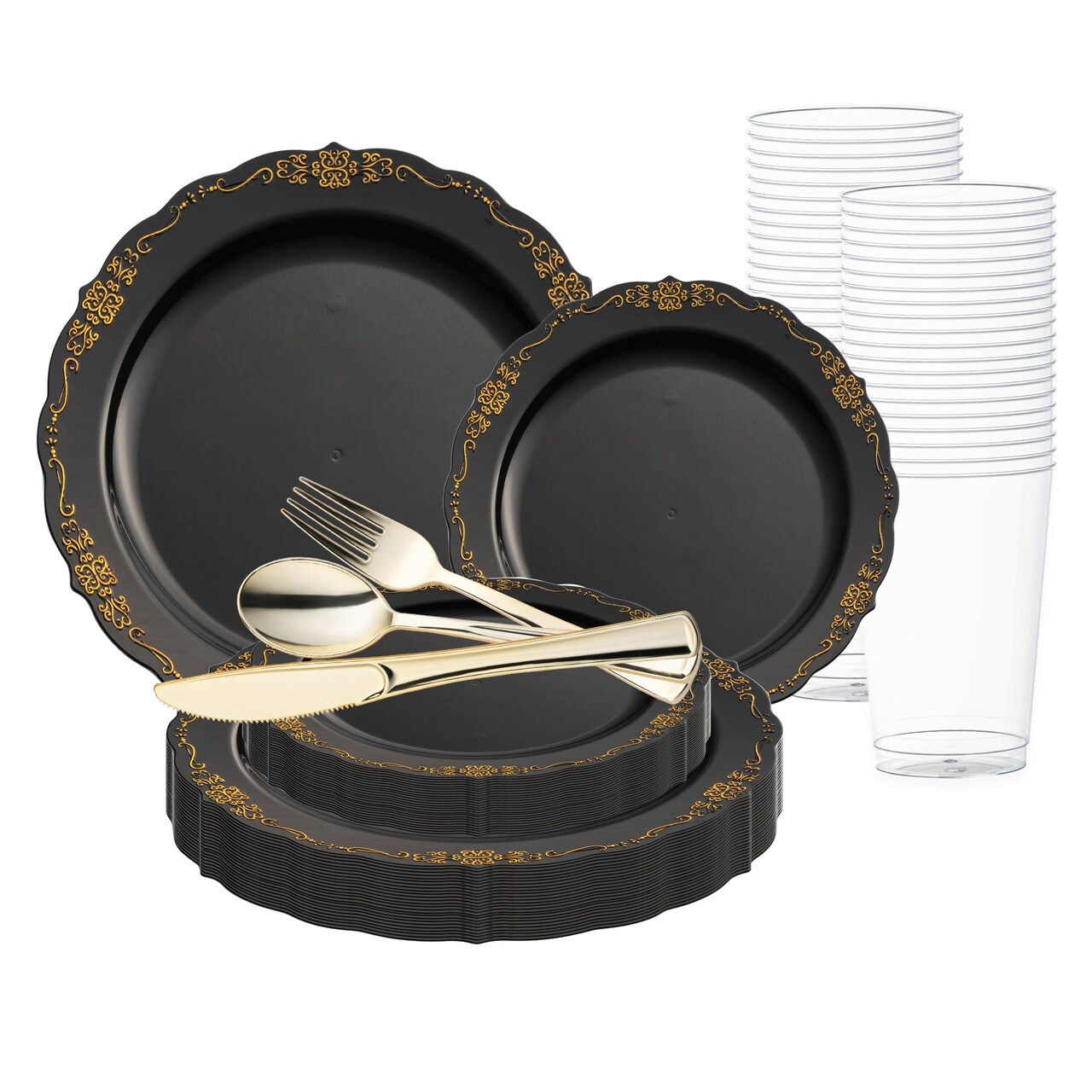 Black with Gold Vintage Rim Round Disposable Plastic Wedding Value Set (60 Settings)